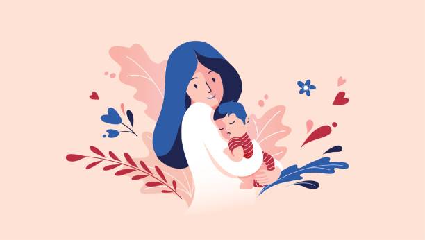 Mother Holding Baby Son In Arms. Vector Illustration Of Mother Holding Baby Son In Arms. Floral Background. mother stock illustrations