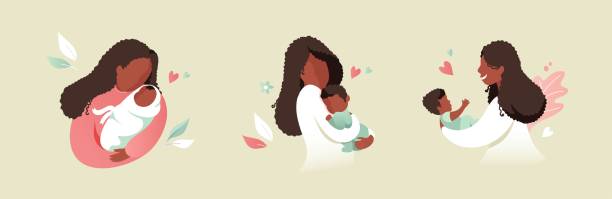 ilustraciones, imágenes clip art, dibujos animados e iconos de stock de madre africana negra sosteniendo bebé hijo o hija en sus brazos - holding baby illustrations