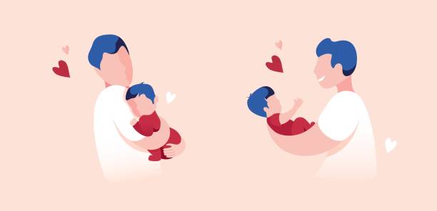 Father Holding Baby Son In Arms. Vector Illustration Of Father Holding Baby Son In Arms. Cartoon Flat Illustration. baby boy newborn backgrounds stock illustrations