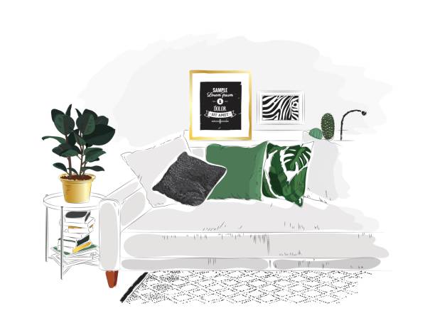 wnętrze salonu z szarą sofą, zielonymi poduszkami i ficus rośliną. - cushion sofa pillow indoors stock illustrations