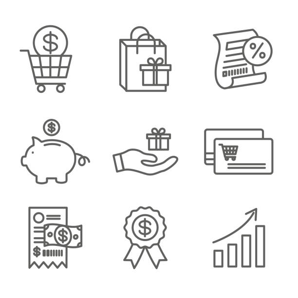 ilustrações de stock, clip art, desenhos animados e ícones de customer rewards icon set - shopping bag and discount images - redeem