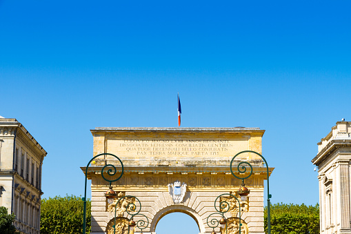 Porte du Peyrou, Montpellier, France. Inscr: Louis the Great reigned 72 yr., conspirator nations were repressed and reconciled to the loyal ones during a four decades war, peace on land and sea, 1715
