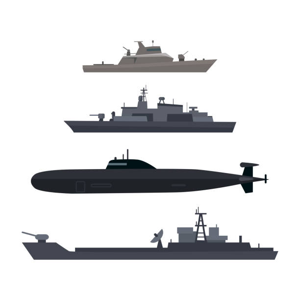 illustrazioni stock, clip art, cartoni animati e icone di tendenza di navi navali impostano nave militare o barca utilizzata dalla marina - battleship