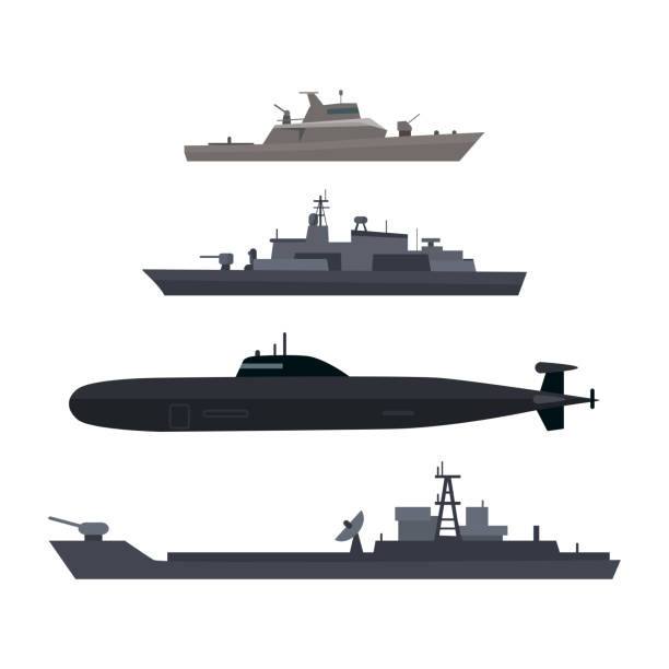 Naval Ships Set Military Ship or Boat Used by Navy Naval ships set. Military ship or boat used by navy. Damage resilient and armed with weapon systems. Armament troop transport. Naval warfare. Termed warships to support shipyard operations. Vector battleship stock illustrations