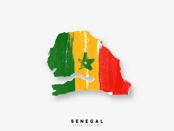 illustrazioni stock, clip art, cartoni animati e icone di tendenza di senegal mappa dettagliata con bandiera del paese. dipinto in colori color acquerello vernice nella bandiera nazionale - senegal africa vector illustration and painting