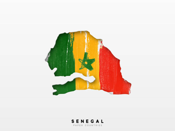 세네갈 국가의 국기와 함께 자세한 지도. 국기에 수채화 물감 페인트 색상에 그려진 - senegal stock illustrations