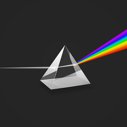 Dispersion. Colorful spectrum of light. Experiment with glass prism and beam of light. Vector illustration