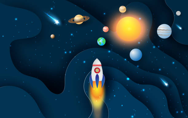 иллюстрация абстрактной кривой волны с запуском ракеты startup для круга солнечной системы. галактика пространства изучения со спутником и пл - место для текста иллюстрации stock illustrations