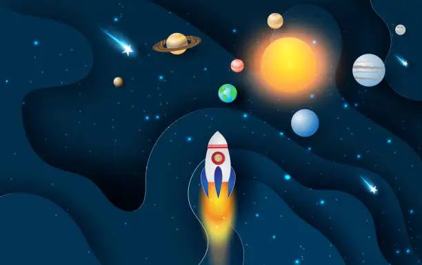 Vector illustration of illustration of Abstract curve wave with launch rocket Startup for Solar system circle.Galaxy space exploring with satellite and planets concept on dark night background vector.paper craft and cut.