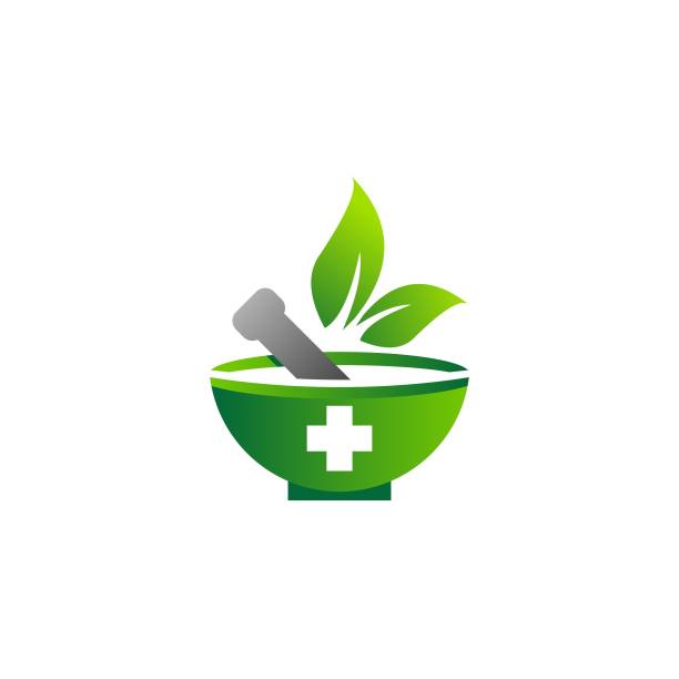 mörtel und pestle logo apotheke logotyp medizin kräuternatur illustration symbol symbol vektordesign - alternative medicine mortar and pestle herbal medicine herb stock-grafiken, -clipart, -cartoons und -symbole