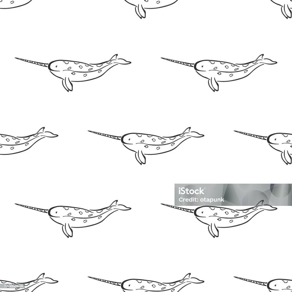 Narwhal whale character abstract hand drawn vector seamless pattern. Retro illustration. Marine wild mammal. Ocean and sea animal curve paint sign. Doodle sketch. Element for design, fabric print. Narwhal whale character abstract hand drawn vector seamless pattern. Marine mammal. Ocean and sea animal curve paint sign. Doodle line sketch illustration. Realistic element design, fabric printing. Abstract stock vector