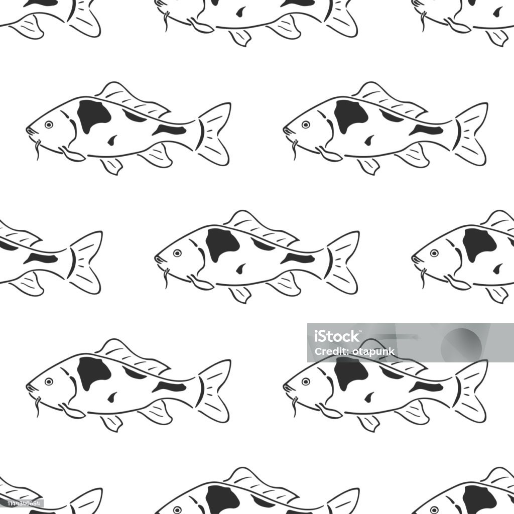 Japanese carp koi character abstract ink hand drawn vector seamless pattern. Retro illustration. Freshwater river and pond asian fish curve paint sign. Doodle sketch. Element for design, fabric print. Japanese carp koi abstract hand drawn vector seamless pattern. Freshwater river and pond asian fish curve paint sign. Doodle line sketch illustration. Realistic element ornament design, fabric print. Abstract stock vector