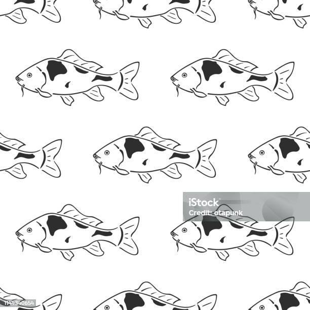 Japanese Carp Koi Character Abstract Ink Hand Drawn Vector Seamless Pattern Retro Illustration Freshwater River And Pond Asian Fish Curve Paint Sign Doodle Sketch Element For Design Fabric Print Stock Illustration - Download Image Now