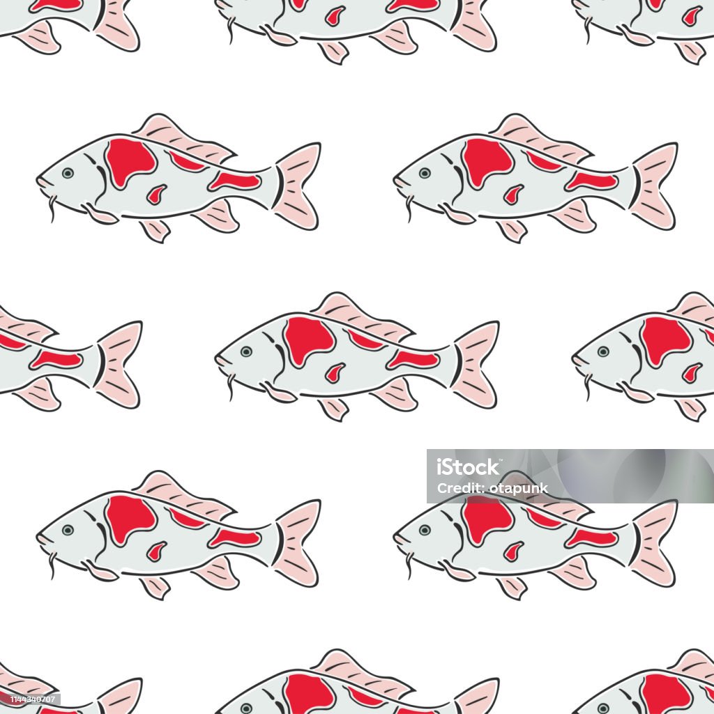 Japanese carp koi character abstract hand drawn vector seamless pattern. Color illustration. Freshwater river and pond asian fish curve paint sign. Doodle sketch. Element for design, fabric print. Japanese carp koi abstract hand drawn vector seamless pattern. Freshwater river and pond asian fish curve paint sign. Doodle color sketch illustration. Realistic element ornament design, fabric print. Abstract stock vector