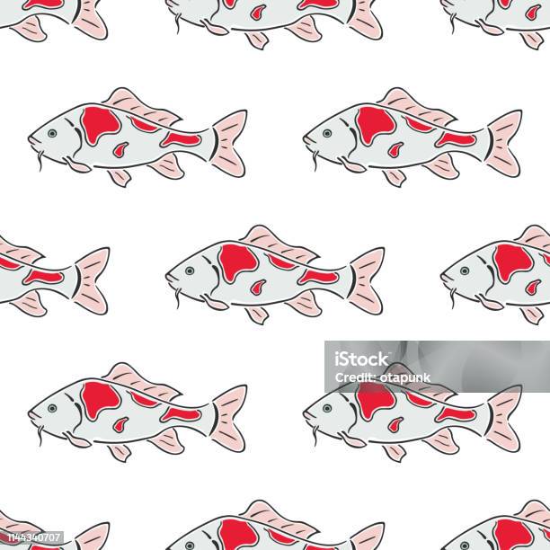 Japanese Carp Koi Character Abstract Hand Drawn Vector Seamless Pattern Color Illustration Freshwater River And Pond Asian Fish Curve Paint Sign Doodle Sketch Element For Design Fabric Print Stock Illustration - Download Image Now