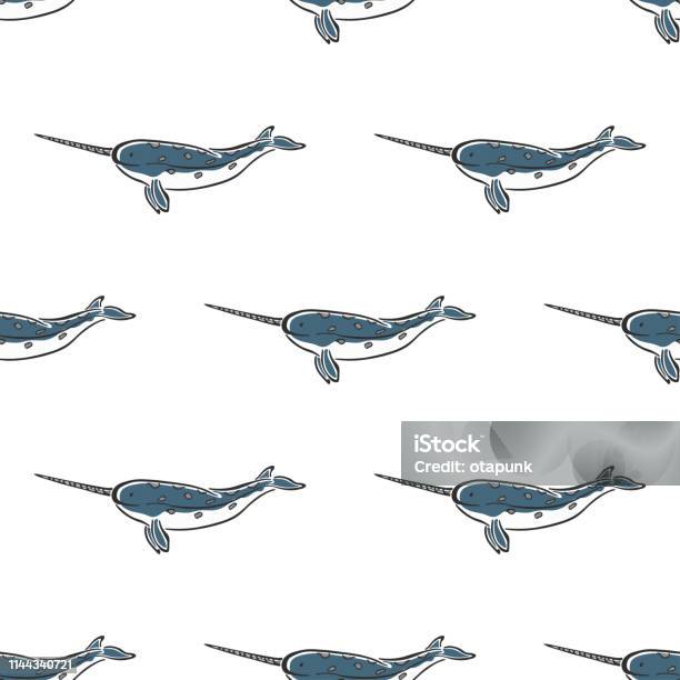 Narwhal Whale Character Abstract Color Hand Drawn Vector Seamless Pattern Retro Illustration Marine Wild Mammal Ocean Sea Animal Curve Paint Sign Doodle Sketch Element For Design Fabric Print Stock Illustration - Download Image Now