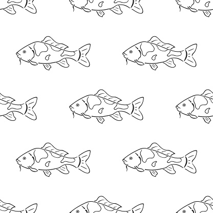 Japanese carp koi abstract hand drawn vector seamless pattern. Freshwater river and pond asian fish curve paint sign. Doodle line sketch illustration. Realistic element ornament design, fabric print.