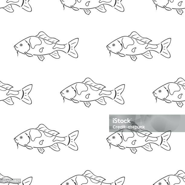 Japanese Carp Koi Character Abstract Ink Hand Drawn Vector Seamless Pattern Retro Illustration Freshwater River And Pond Asian Fish Curve Paint Sign Doodle Sketch Element For Design Fabric Print Stock Illustration - Download Image Now