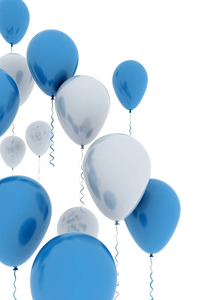Blue balloons flying up stock photo