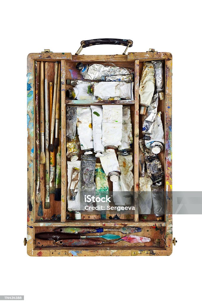 paint in the sketchbook tubes of oil paint and brushes are in an old sketchbook Color Image Stock Photo