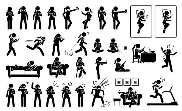 Woman using phone or smartphone in different poses, actions, emotions, reactions, and places. Artworks depicts a female stick figure using cellphone at bed, sofa, chair, restaurant, and gym room. woman on exercise machine stock illustrations