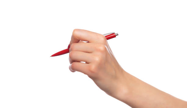 istock Female hand holding a pen on white background. 1144347302