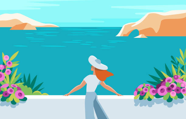 stockillustraties, clipart, cartoons en iconen met vector illustratie in trendy platte en eenvoudige stijl-zomerlandschap en vrouw genieten van vakantie - illustraties van middellandse zee