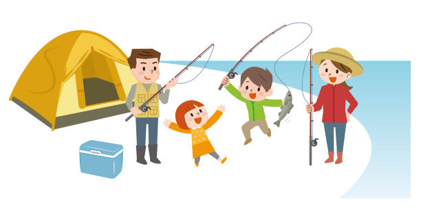 stockillustraties, clipart, cartoons en iconen met familie camping en vissen - cybercrime children