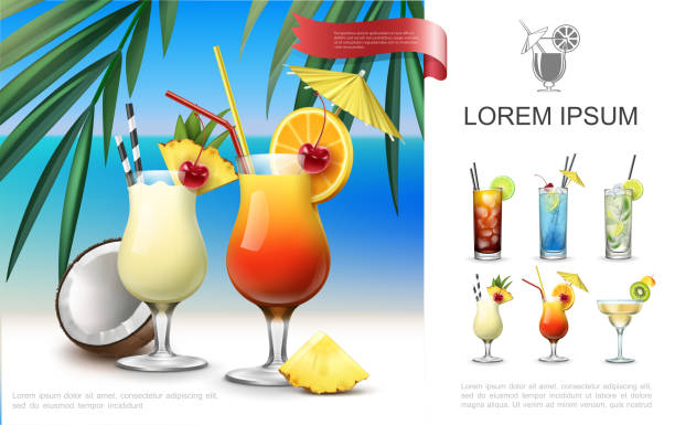 ilustrações de stock, clip art, desenhos animados e ícones de realistic beach party composition - margarita cocktail drink umbrella drink