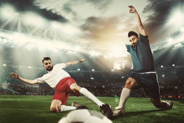 istock Two men are playing soccer and they compete with each other 1144352184