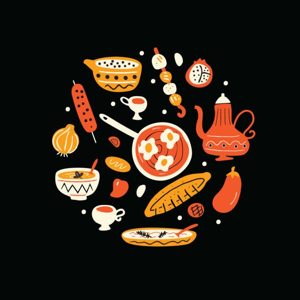 Middle eastern food. Hand drawn illustration in circle. Traditional cuisine concept. Vector. Black background. Middle eastern food. Hand drawn illustration in circle. Traditional cuisine concept. Vector. Black background baklava stock illustrations