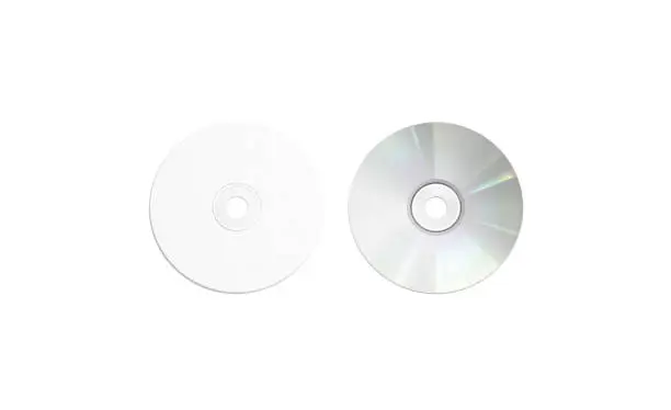 Blank white compact disk mock up, isolated, top view front and backside, 3d rendering. Empty cd disc mockup. Clear music or movie storage. Round dvd for save information template.