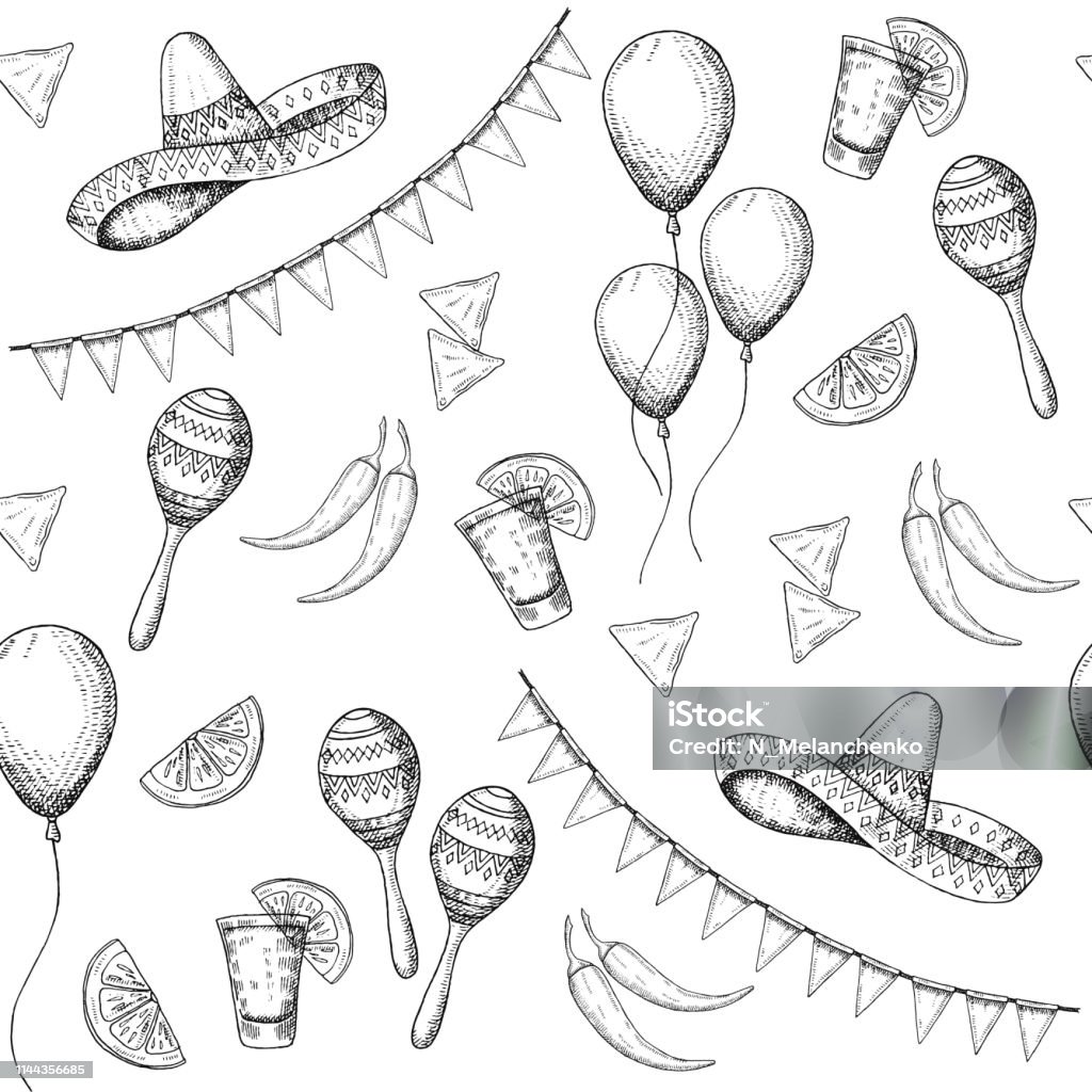 Cinco de Mayo seamless pattern with doodle Hand drawn Mexican symbols- chili pepper, maracas, sombrero, nachos, tequila, balloons, flag garland. Sketch. For wallpaper, web page background Alcohol - Drink stock vector
