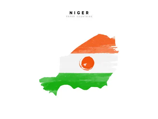 Vector illustration of Niger detailed map with flag of country. Painted in watercolor paint colors in the national flag