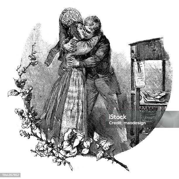 Passionate Kiss Stock Illustration - Download Image Now - Victorian Style, Happiness, People