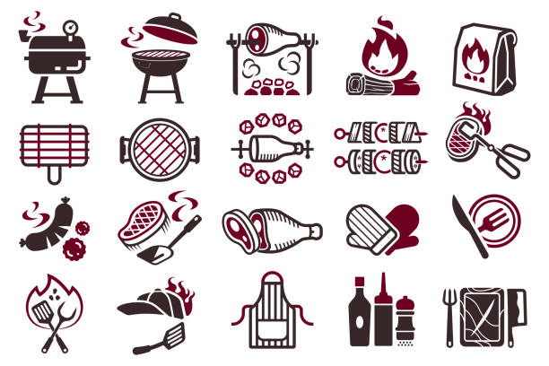 illustrations, cliparts, dessins animés et icônes de symbole de cuisson de combat de barbecue. - barbecue grill chef barbecue sausage