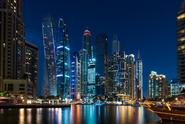 istock Dubai marina skyscrapers and yachts at blue hour 1144362273