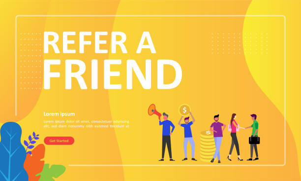 refer a friend concept design, menschen teilen informationen über die überweisung und geld verdienen. geeignet für web-landing-seite, ui, mobile app, bannervorlage. vektorabbildung - earn stock-grafiken, -clipart, -cartoons und -symbole