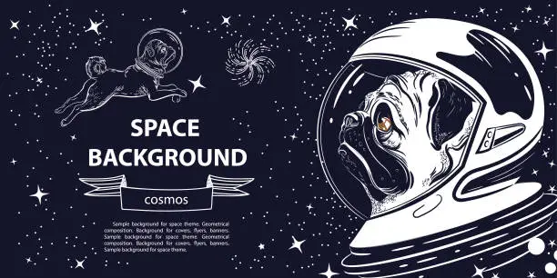 Vector illustration of Horizontal banner with an image of a pug in an astronaut's helmet. Portrait of a dog.
