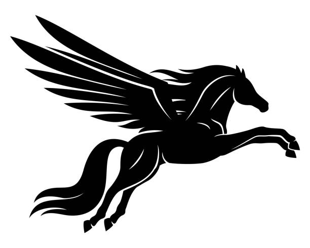 piękny czarny znak pegasus. - mythology horse pegasus black and white stock illustrations