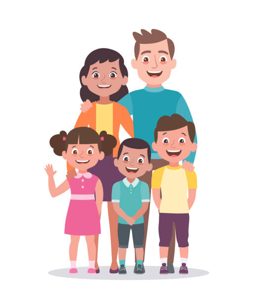 ilustraciones, imágenes clip art, dibujos animados e iconos de stock de ilustración de vector de retrato familiar. padres con una chica y dos chicos. - sibling brother family with three children sister