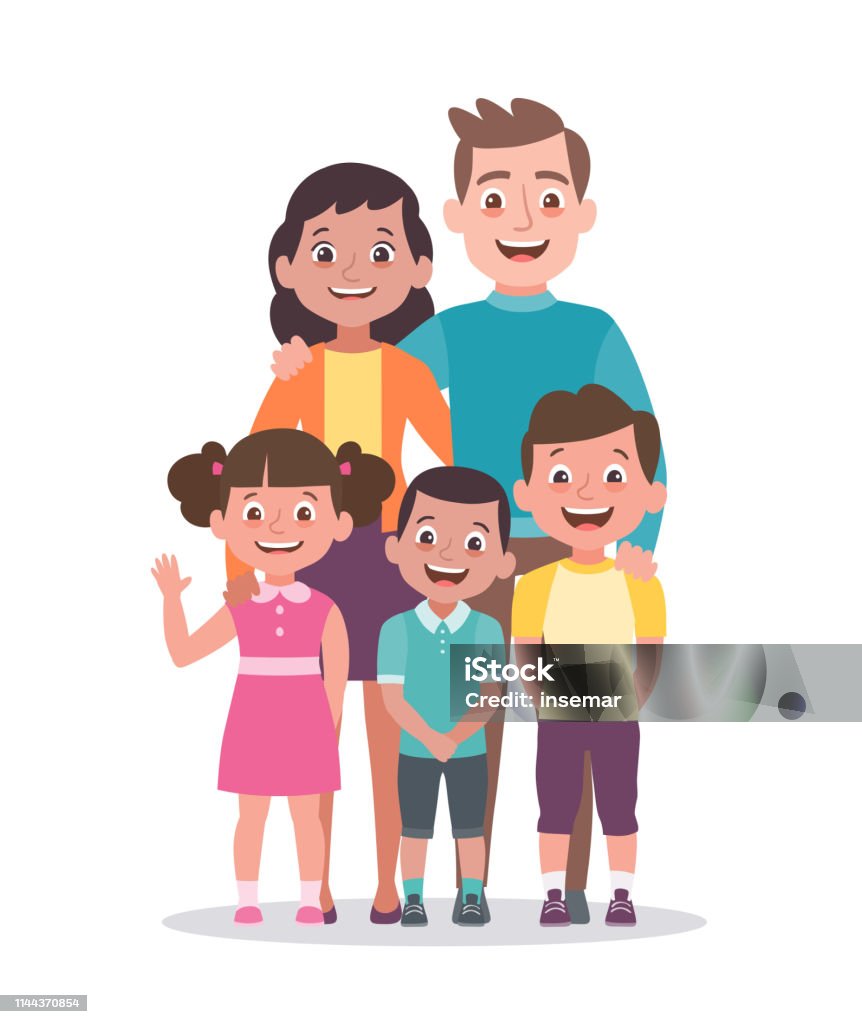 Family Portrait Vector Illustration Parents With A Girl And Two Boys Stock  Illustration - Download Image Now - iStock