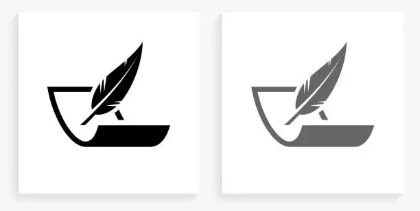 Vector illustration of Paper & Feather Pen Black and White Square Icon