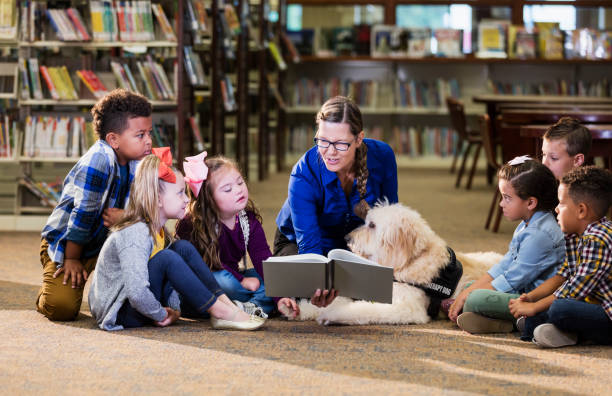 Children in library with reading assistance dog A multi-ethnic group of six boys and girls sitting on the floor of a library, reading with a therapy dog, a goldendoodle. The dog handler is a mature woman in her 50s who is smiling holding a book and reading aloud. The girl 3rd from the left has down syndrome. special education stock pictures, royalty-free photos & images