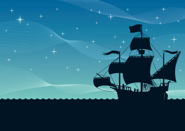 Ship Sailing Night Cartoon illustration of sailing ship at night. columbus day stock illustrations