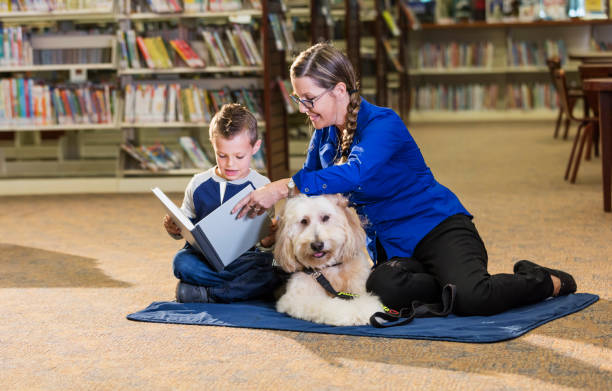 istock Little boy reading in library with therapy dog 1144373533