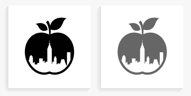 ikon big apple black dan white square - new york city new york ilustrasi stok