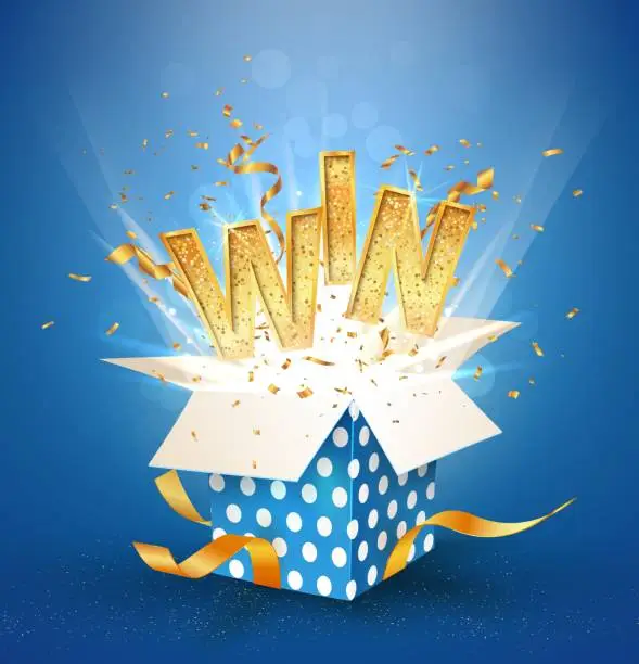 Vector illustration of WIN gold text. Open textured blue box with confetti explosion inside and golden win word. Flying particles from giftbox vector illustration on white background