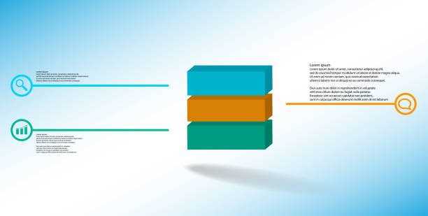 3d 그림 인포 그래픽 템플릿입니다. 양각 된 큐브는 가로로 세 가지 색상 부분으로 나뉩니다. 개체는 파란색 흰색 배경에 배치 됩니다. 표지판이 있는 선은 양쪽에 있습니다. - orange visualization built structure cube stock illustrations