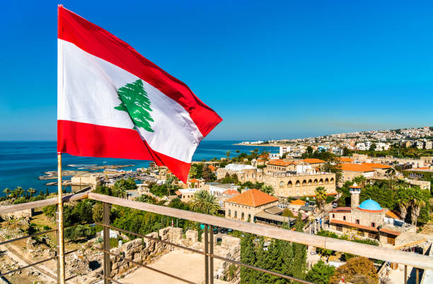 Flag of Lebanon at Byblos Castle stock photo